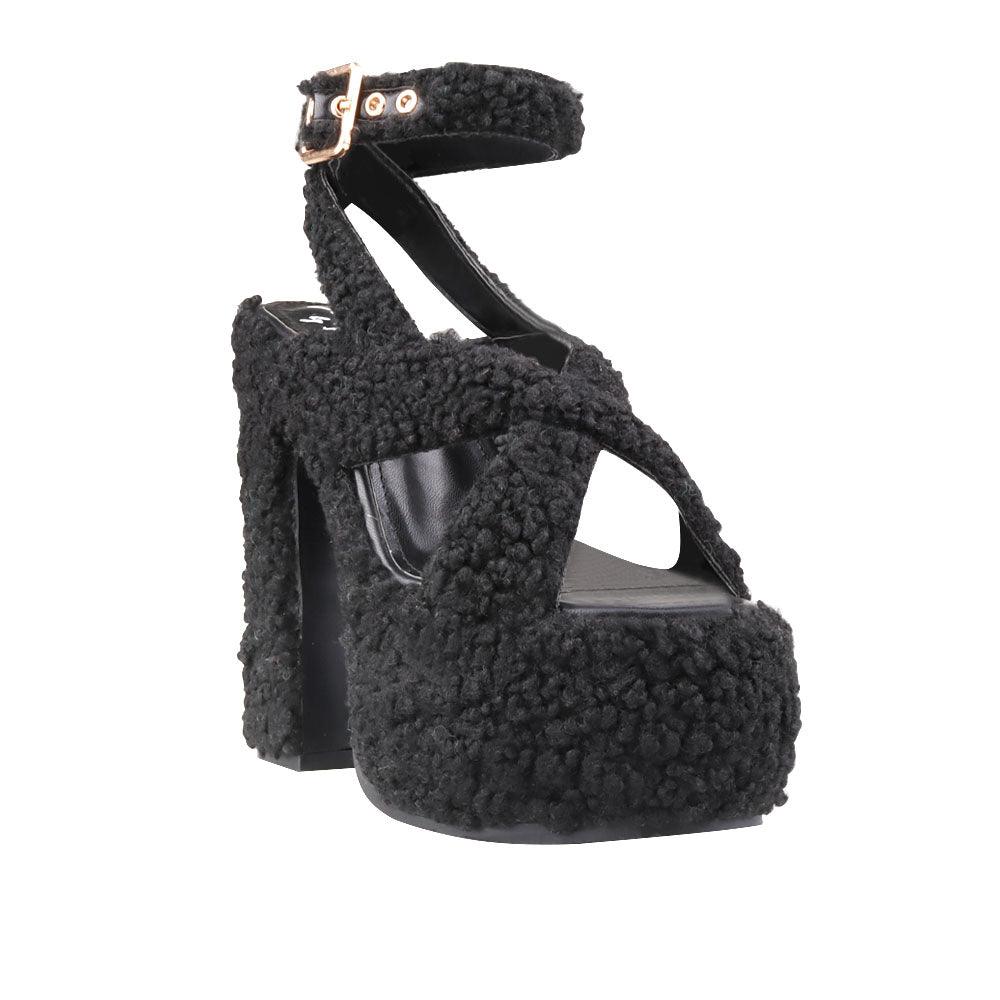 Shearling upper platform crossed strap block heels in green-color with ankle buckle fastening-corner view