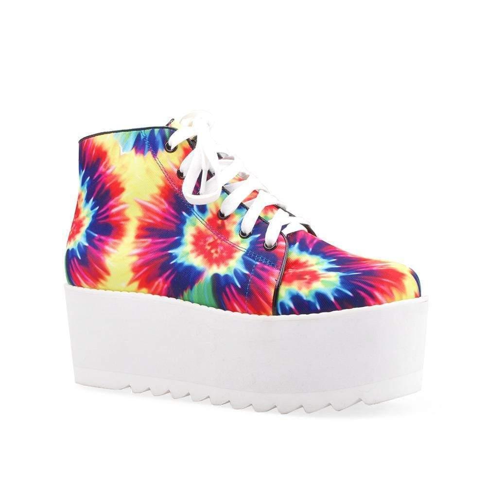 Tie dye-colored upper lace tie fastening platform shoes with white bottom-corner view