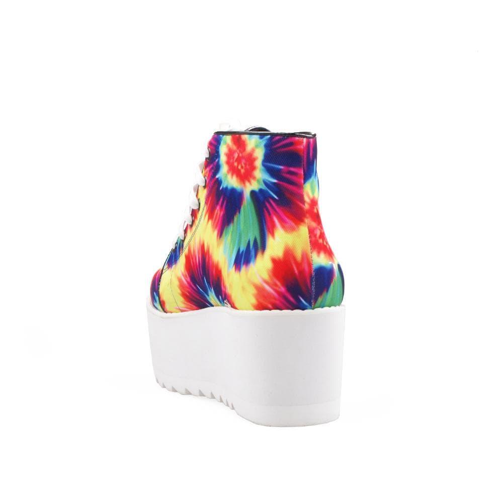 Tie dye-colored upper lace tie fastening platform shoes with white bottom-posterior view