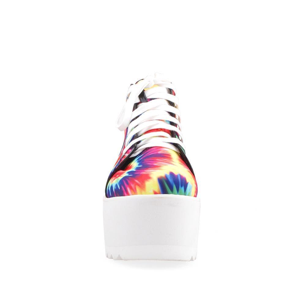 Tie dye-colored upper lace tie fastening platform shoes with white bottom-front view