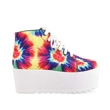 Tie dye-colored upper lace tie fastening platform shoes with white bottom - side view