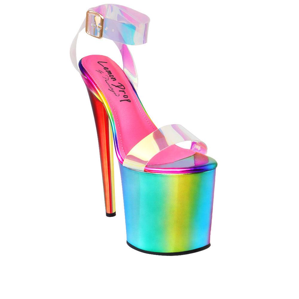 Multicolored high heel platform shoes for women with an upper clear ankle buckle closure and strap-corner view