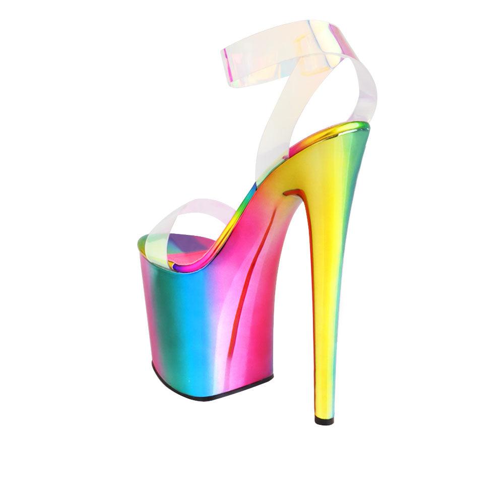 Multicolored high heel platform shoes for women with an upper clear ankle buckle closure and strap-posterior view