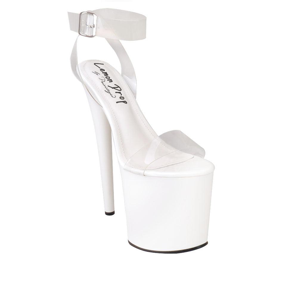 Women's high heel platform shoes in white-color with an upper clear strap and ankle buckle closure-corner view