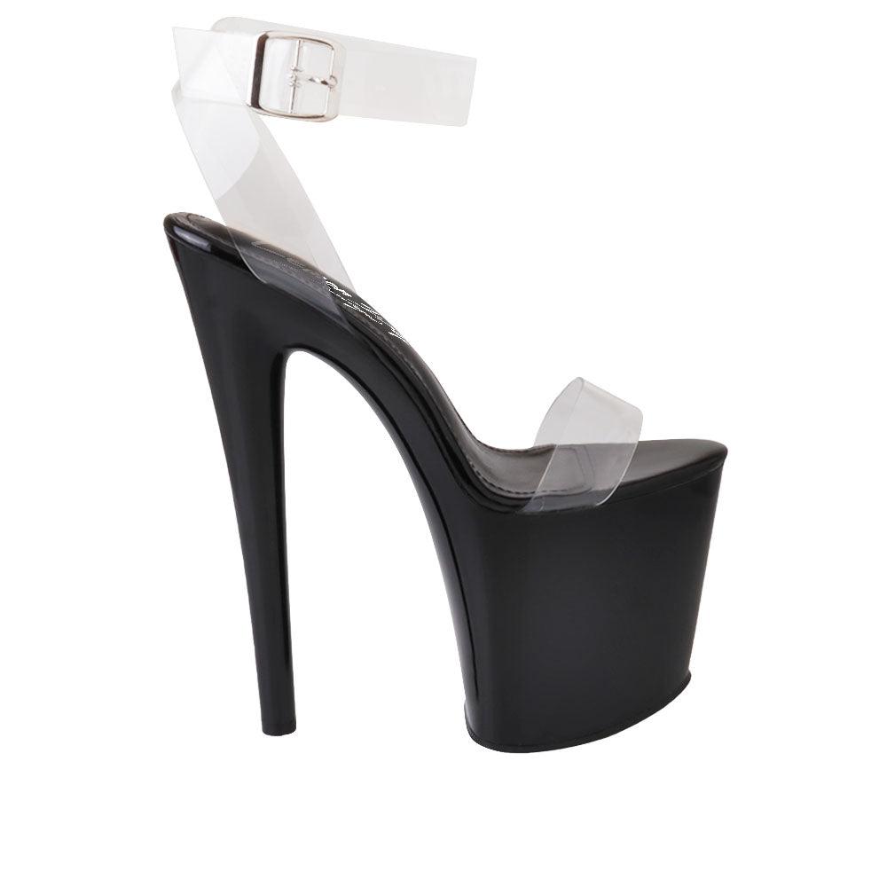 Black-colored women's high heel platform shoes with upper transparent strap and ankle buckle closure-side view