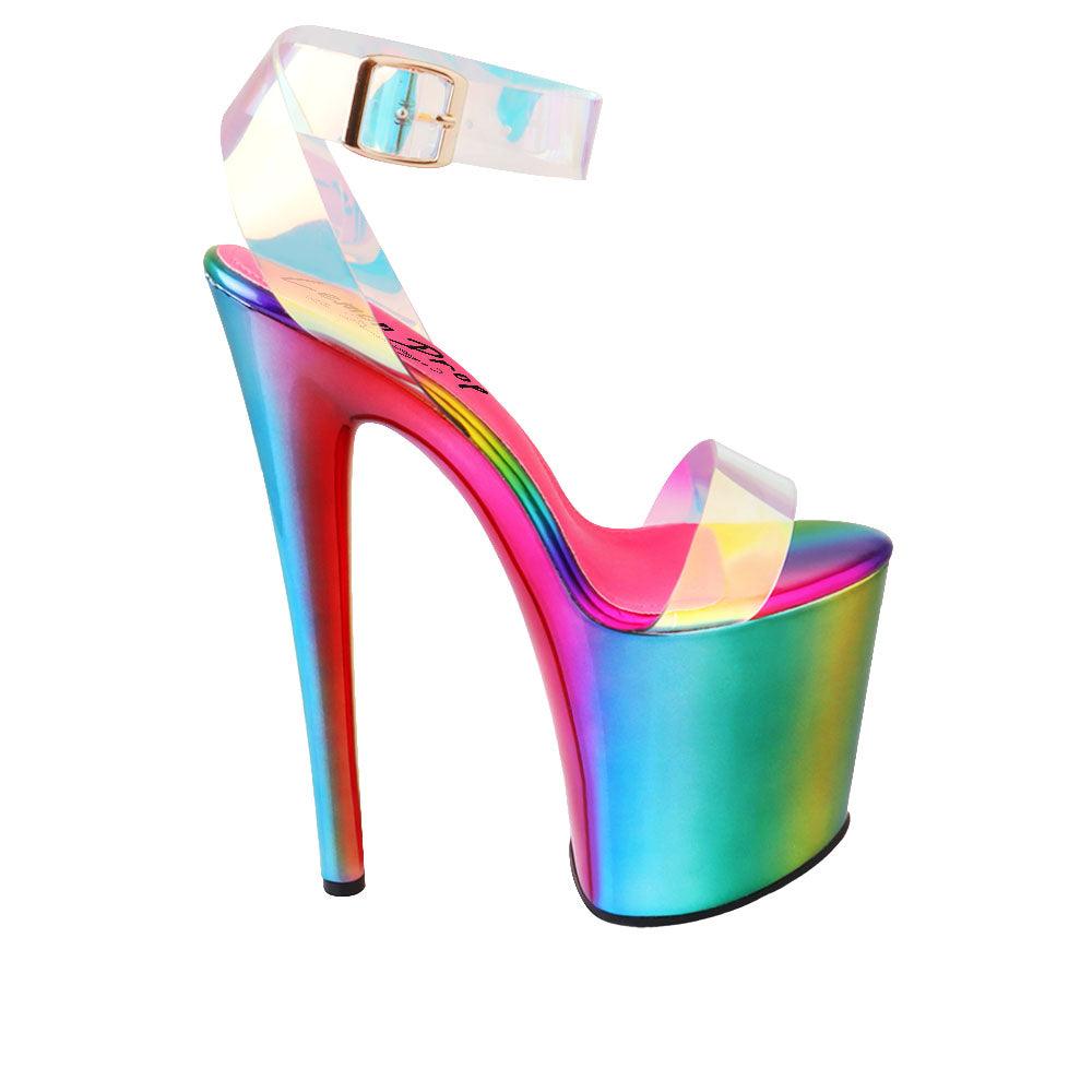 Multicolored high heel platform shoes for women with an upper clear ankle buckle closure and strap-side view