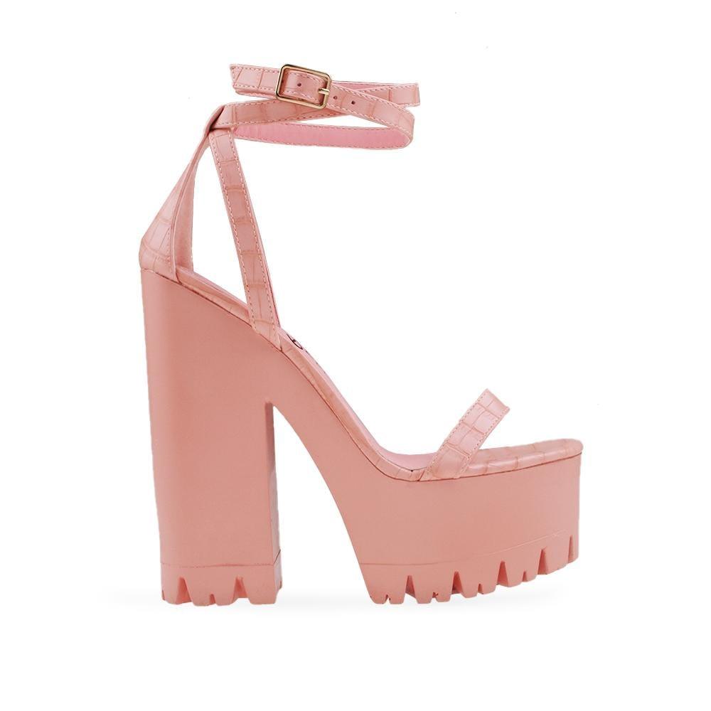 Belush-colored women's platform block heels ankle buckle strap