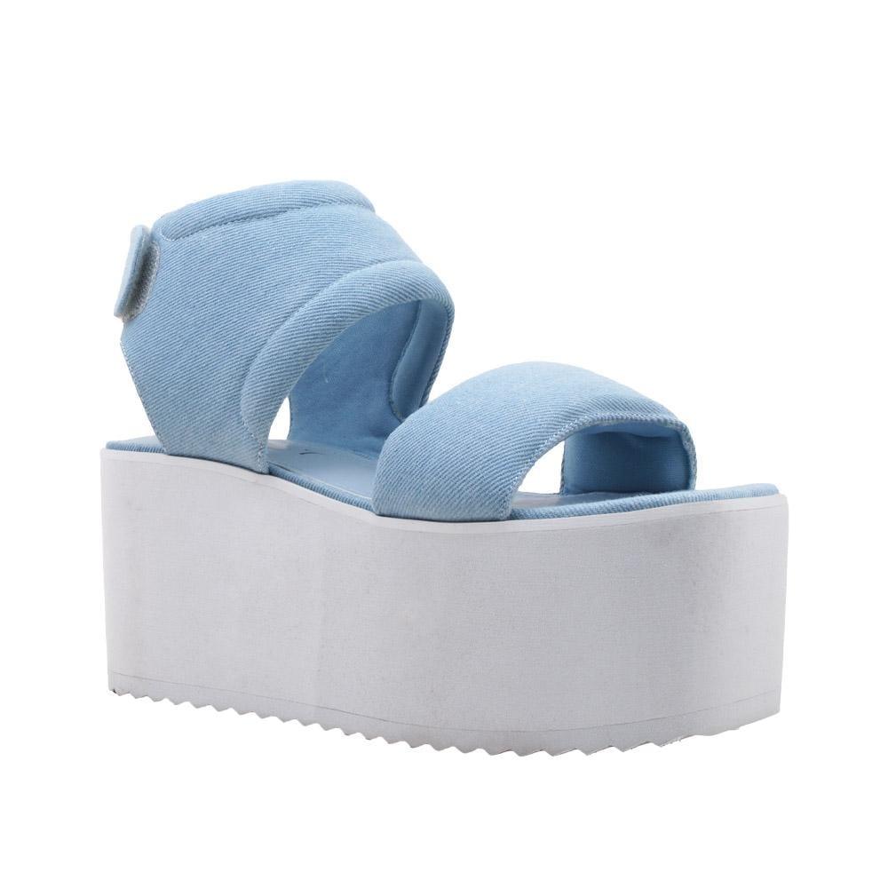 women's platform shoes with denim upper velcro closure and white bottom-corner view