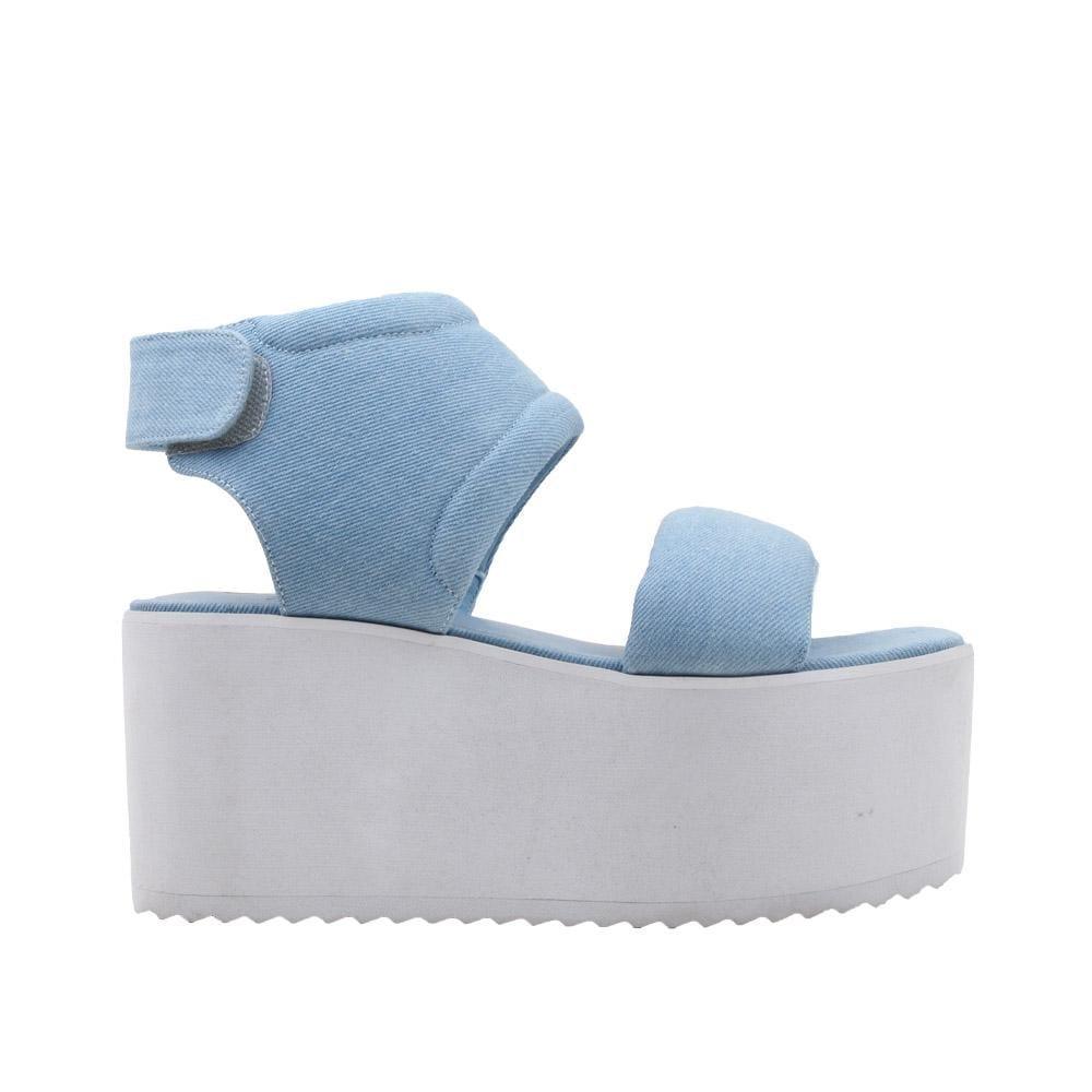 women's platform shoes with denim upper velcro closure and white bottom-side view