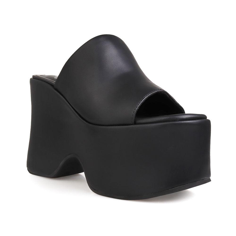 women's slip-on plain black-colored platform-corner view