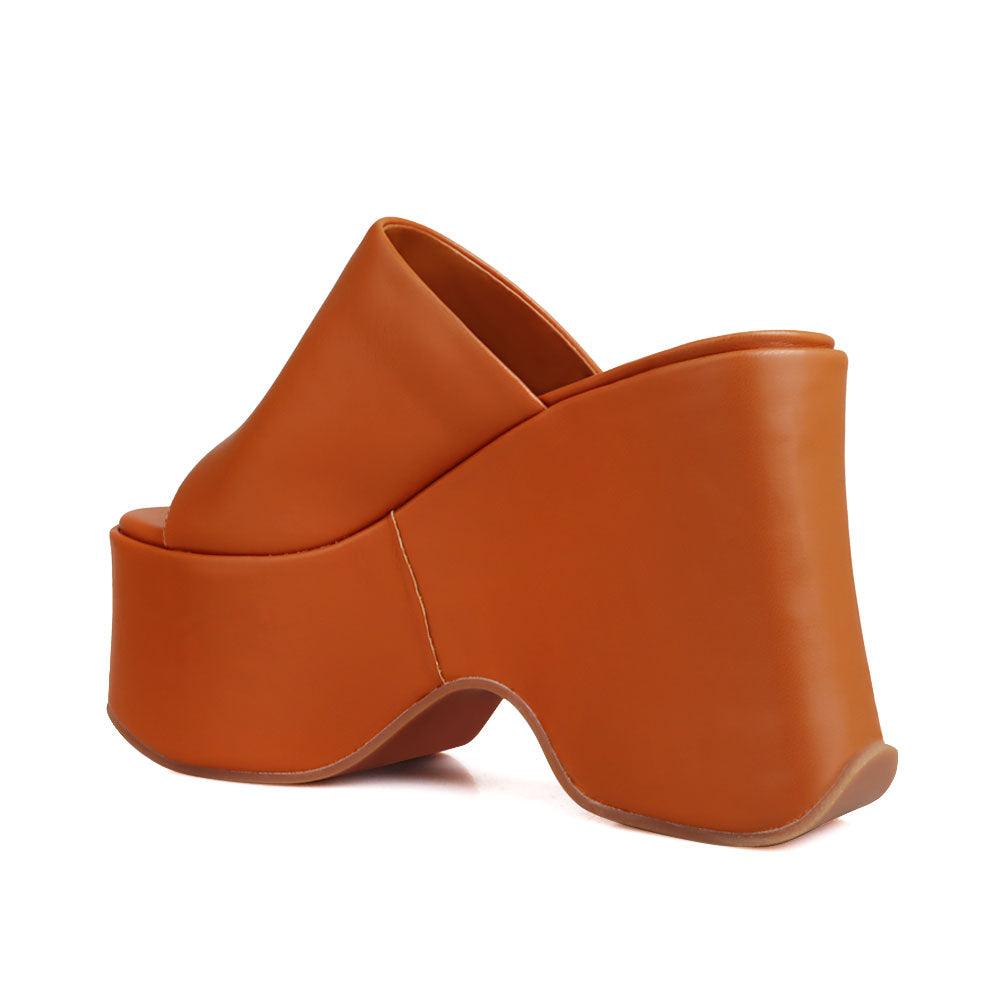 women's slip-on simple camel-colored platform-posterior view