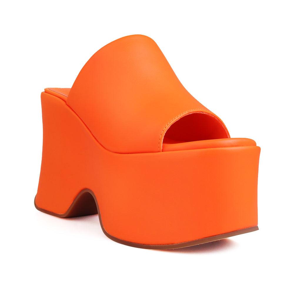 women's orange-colored platform with slip style-corner view