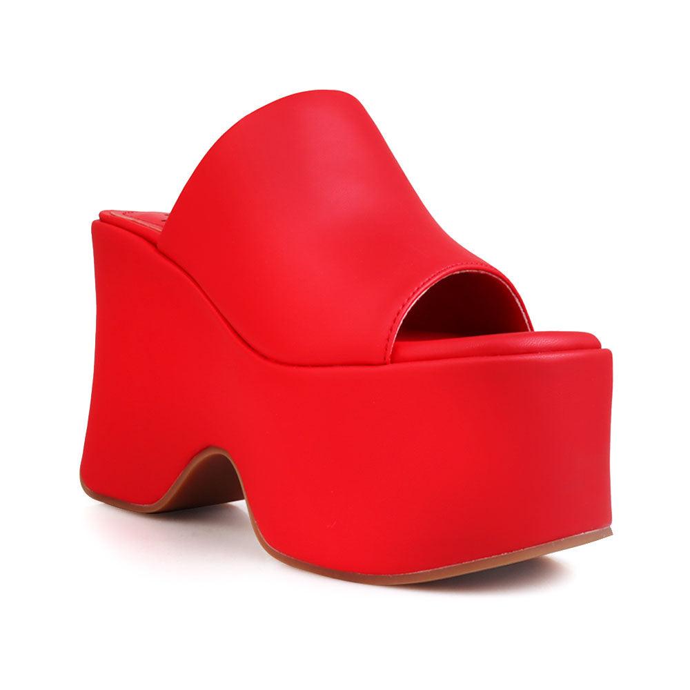 Ladies' red-colored slip-on platform shoes-corner view