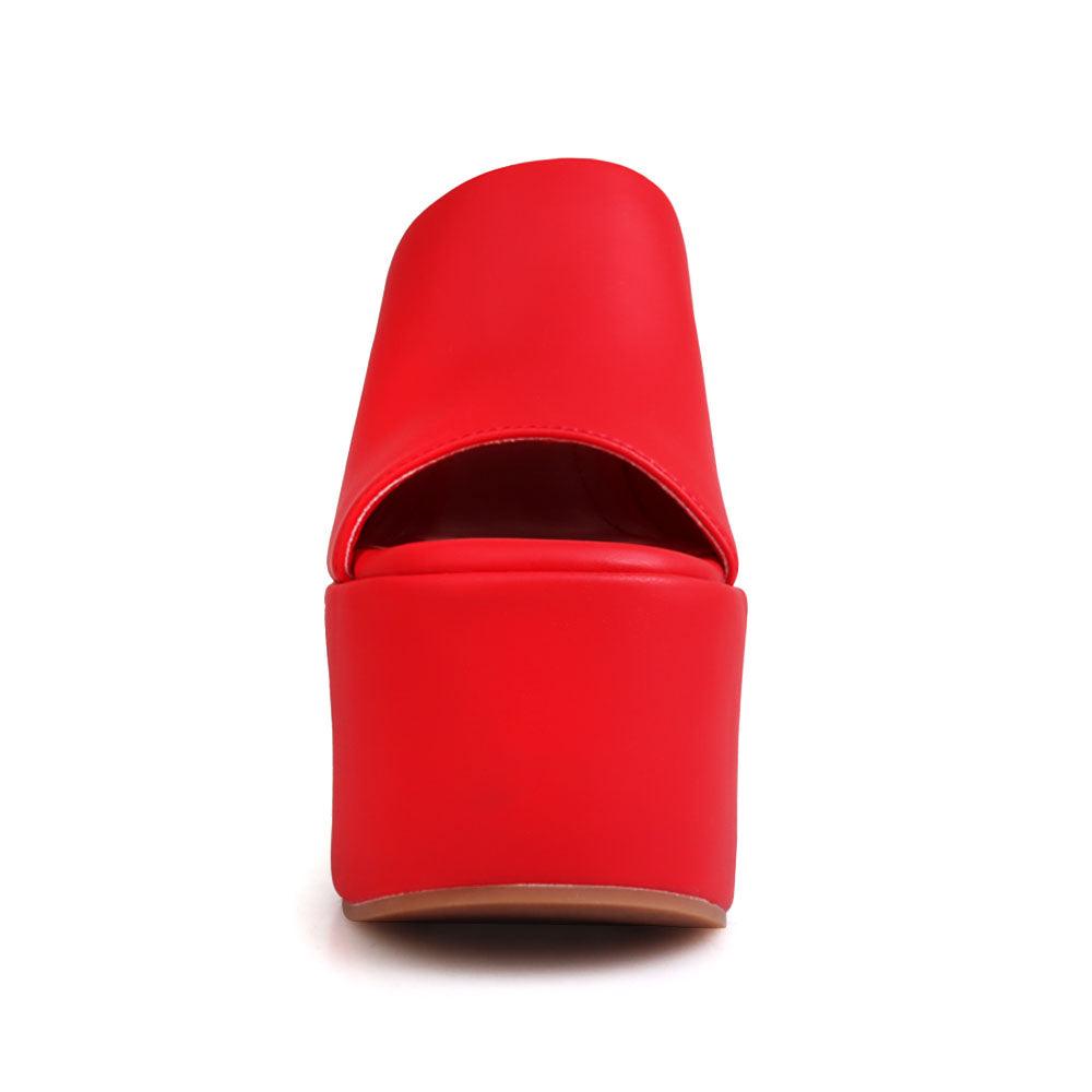 Ladies' red-colored slip-on platform shoes-front view