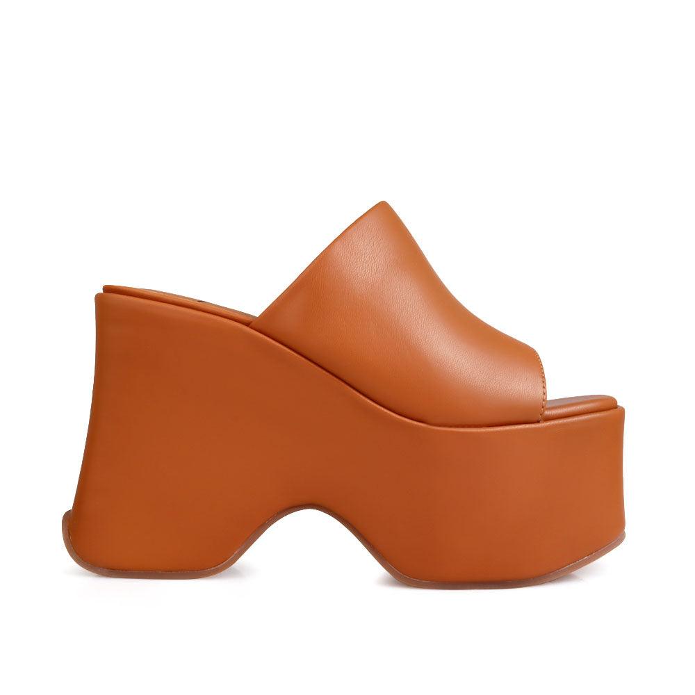 women's slip-on simple camel-colored platform-side view