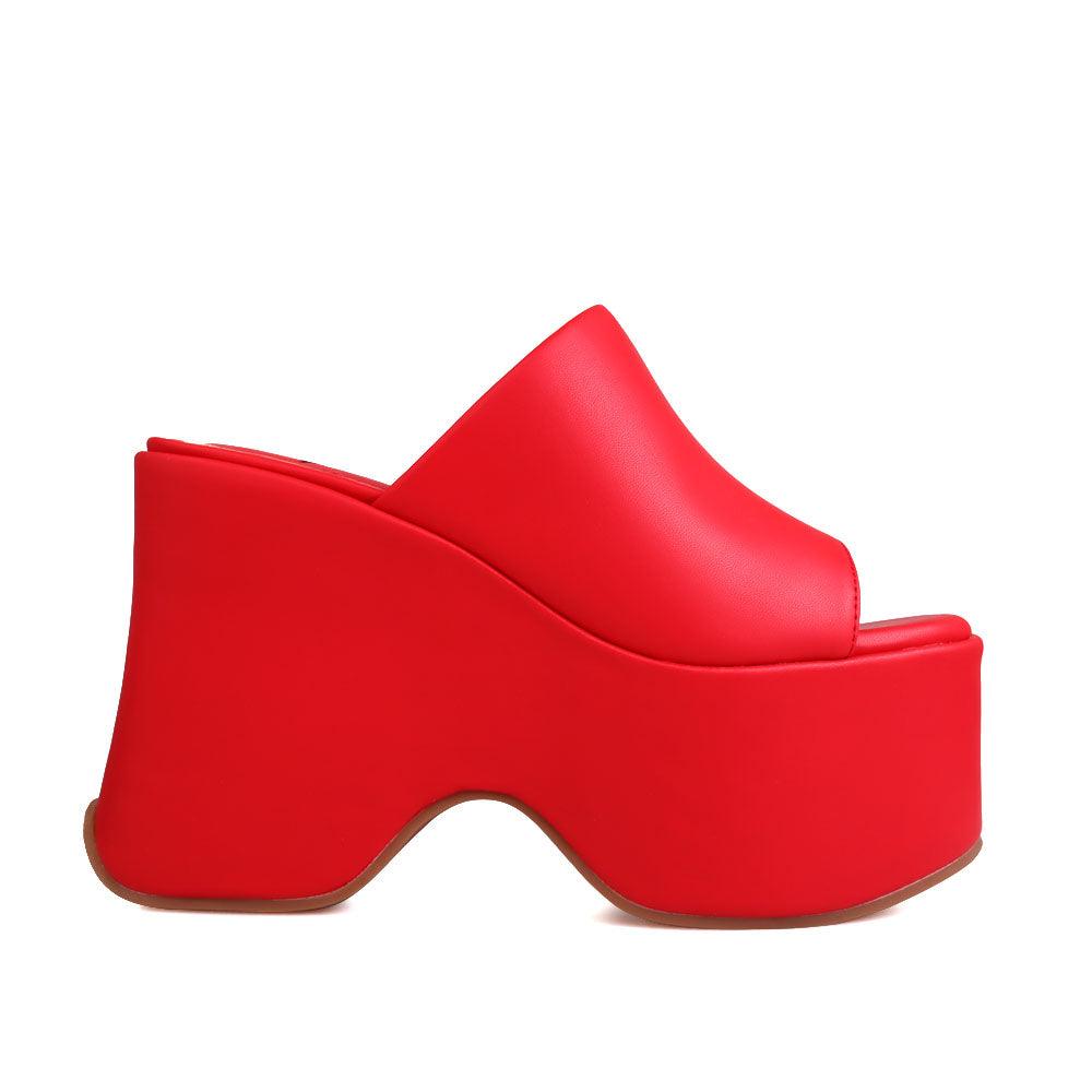 Ladies' red-colored slip-on platform shoes-side view