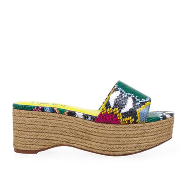 Women's platform sandal with tan-colored bottom and multi-colored upper