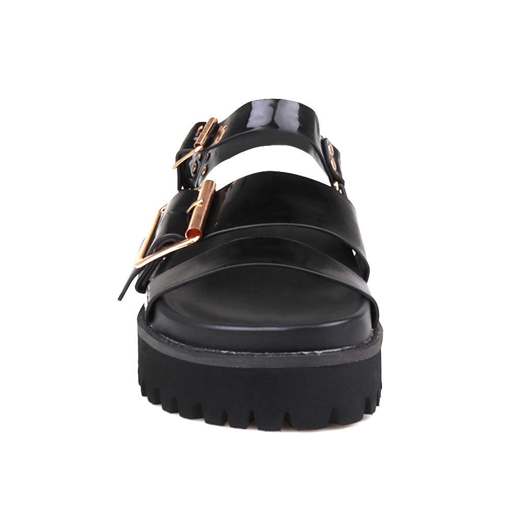 Women's platform in black-color with buckle straps and ankle buckle fastening-front view