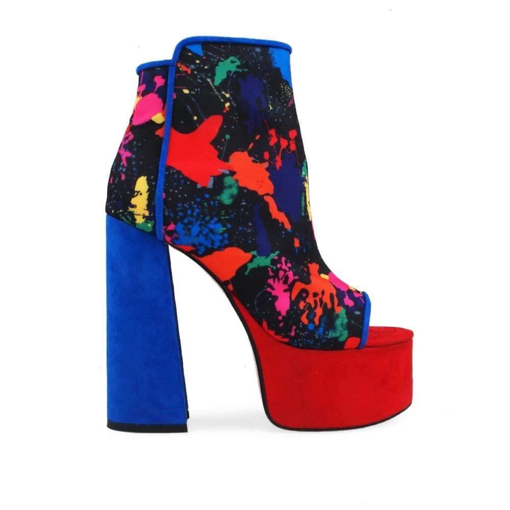 Women's ankle platform block heels in multi-color with open toe design and side zipper fastening.