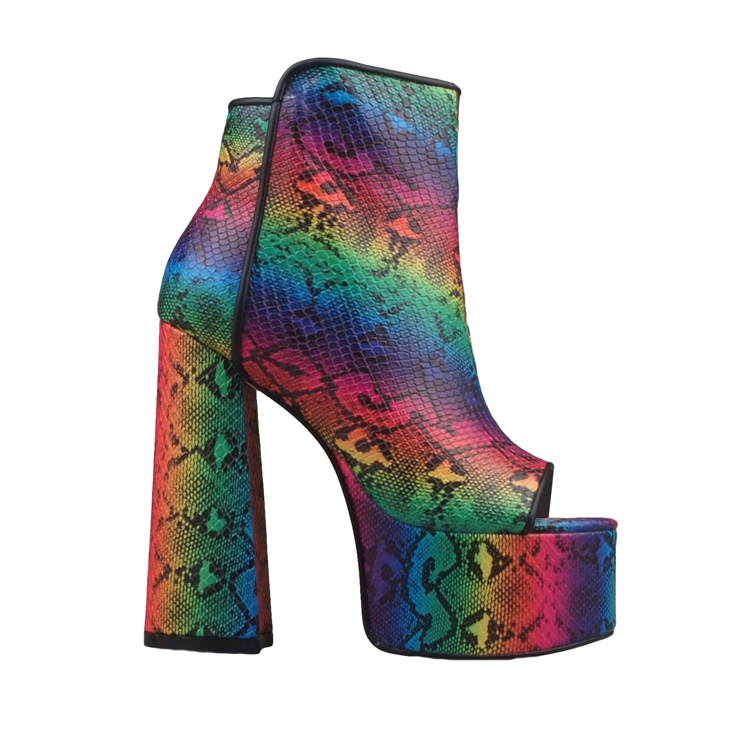 Open toed women's ankle platform block heels with rainbow-colored snake-pattern and side zipper clasp