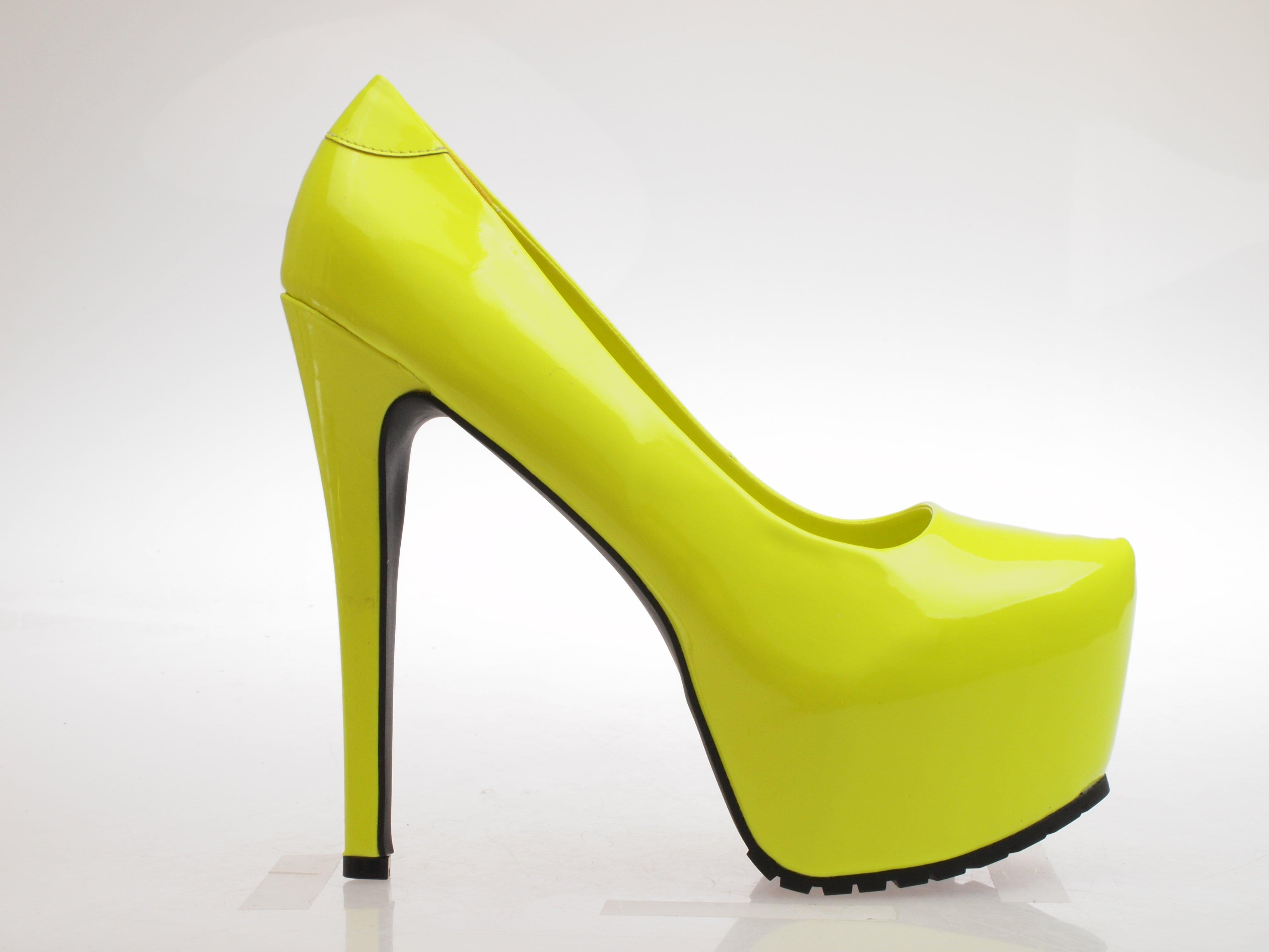 Slip-on neon yellow-colored platform pointed heel shoes for women.