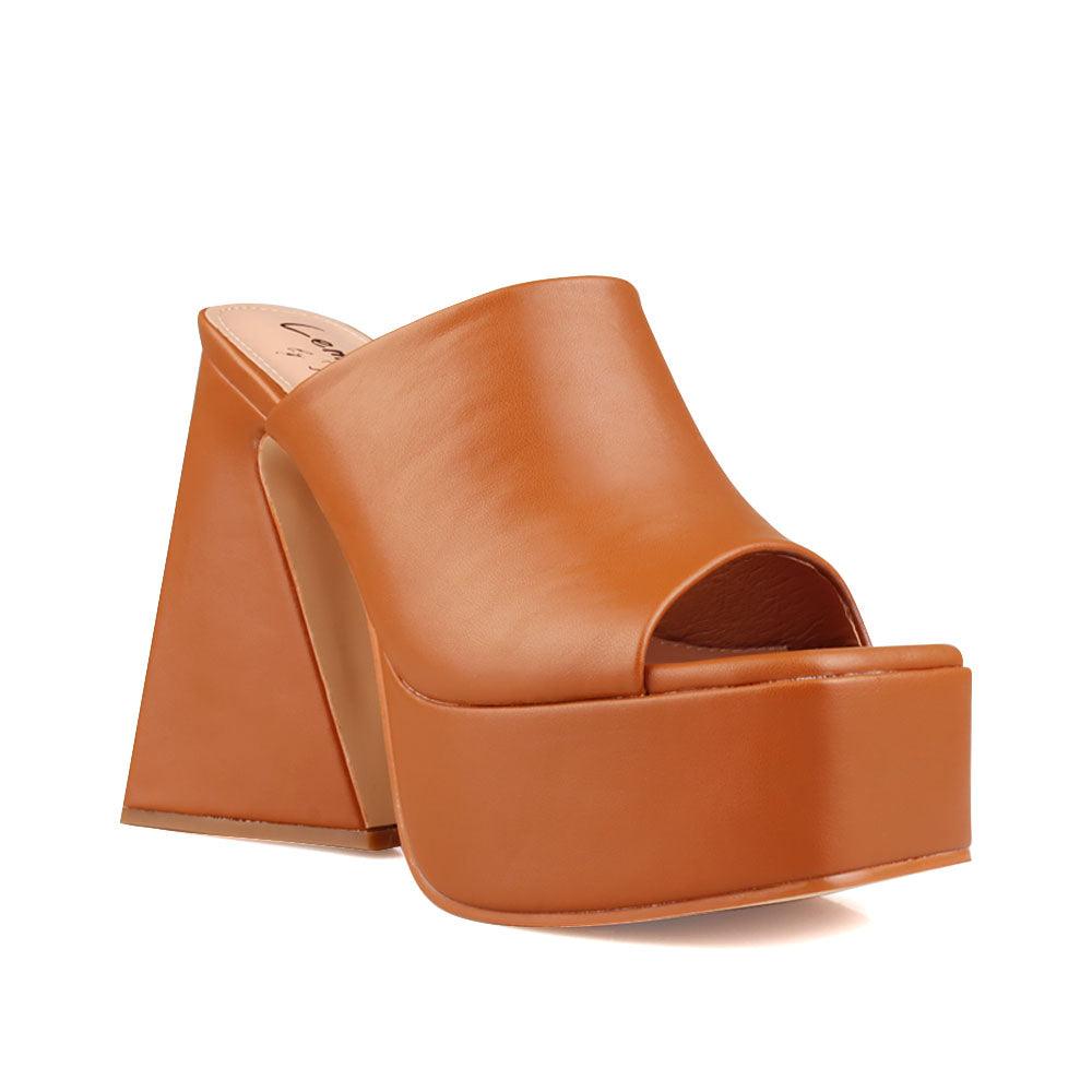 Camel-colored open-toe platform block heels with rubber top and slip-on design-corner view