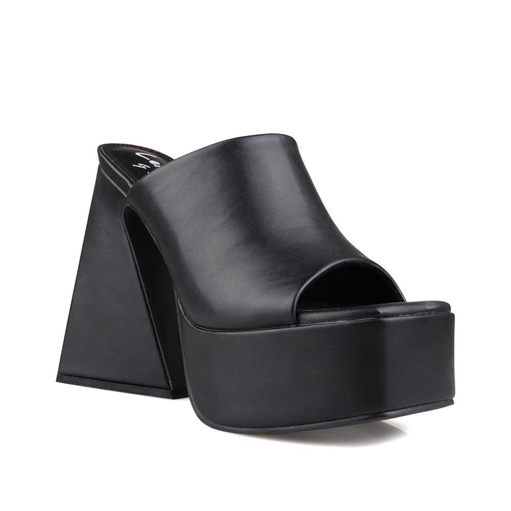 Open-toe platform block heels in black-color with rubber top and slip-on style-corner view