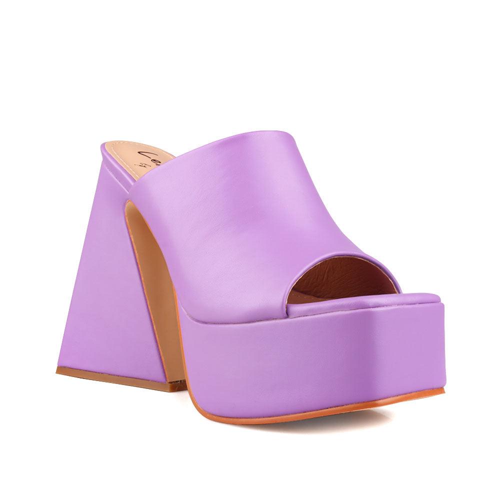 Purple-colored open toe platform block heels shoes with rubber upper and slide in style-corner view