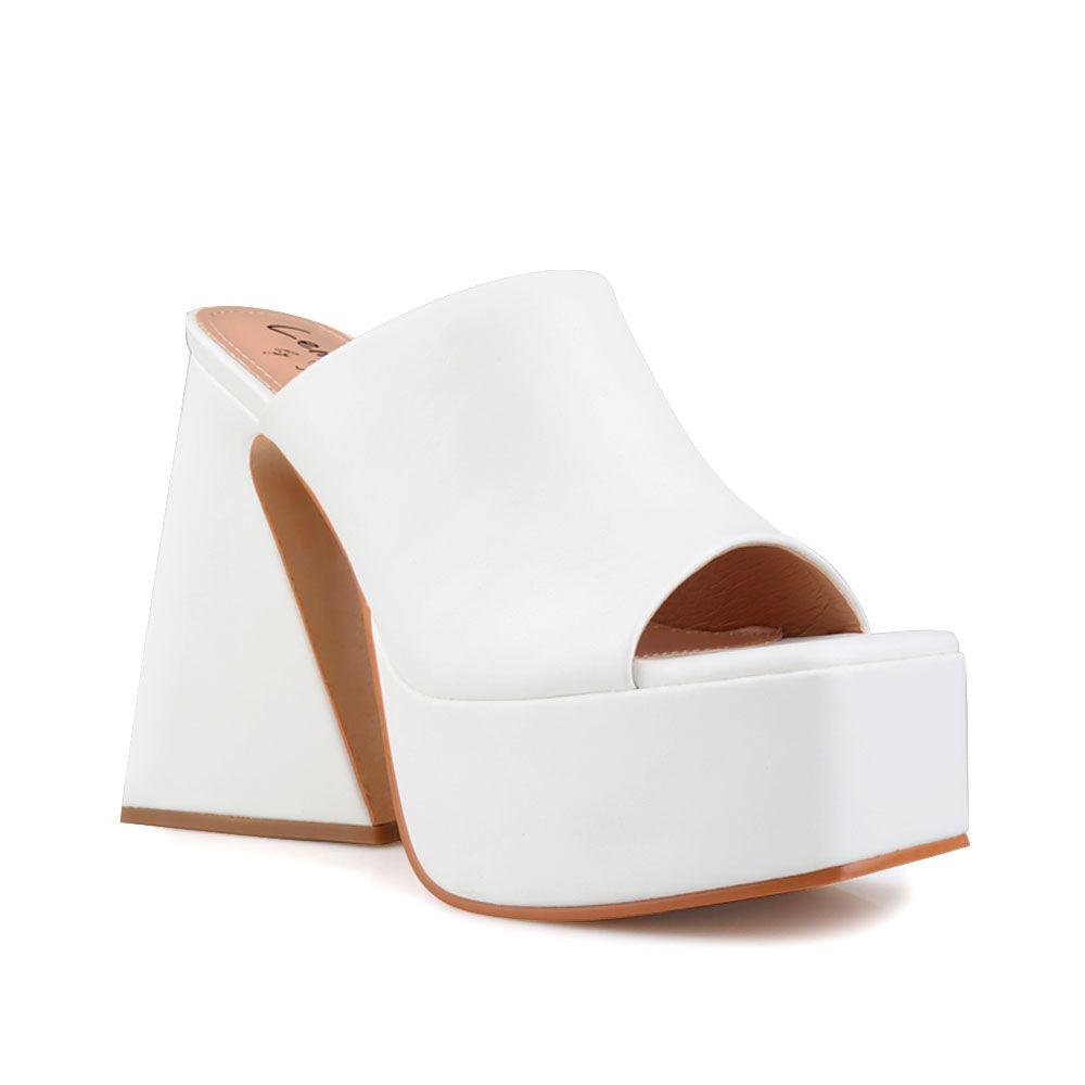 White-colored open toe platform block heels with a rubber top and slide in design-corner view