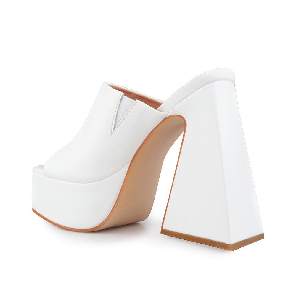 White-colored open toe platform block heels with a rubber top and slide in design-posterior view