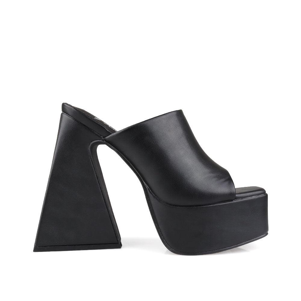 Open-toe platform block heels in black-color with rubber top and slip-on style-side view