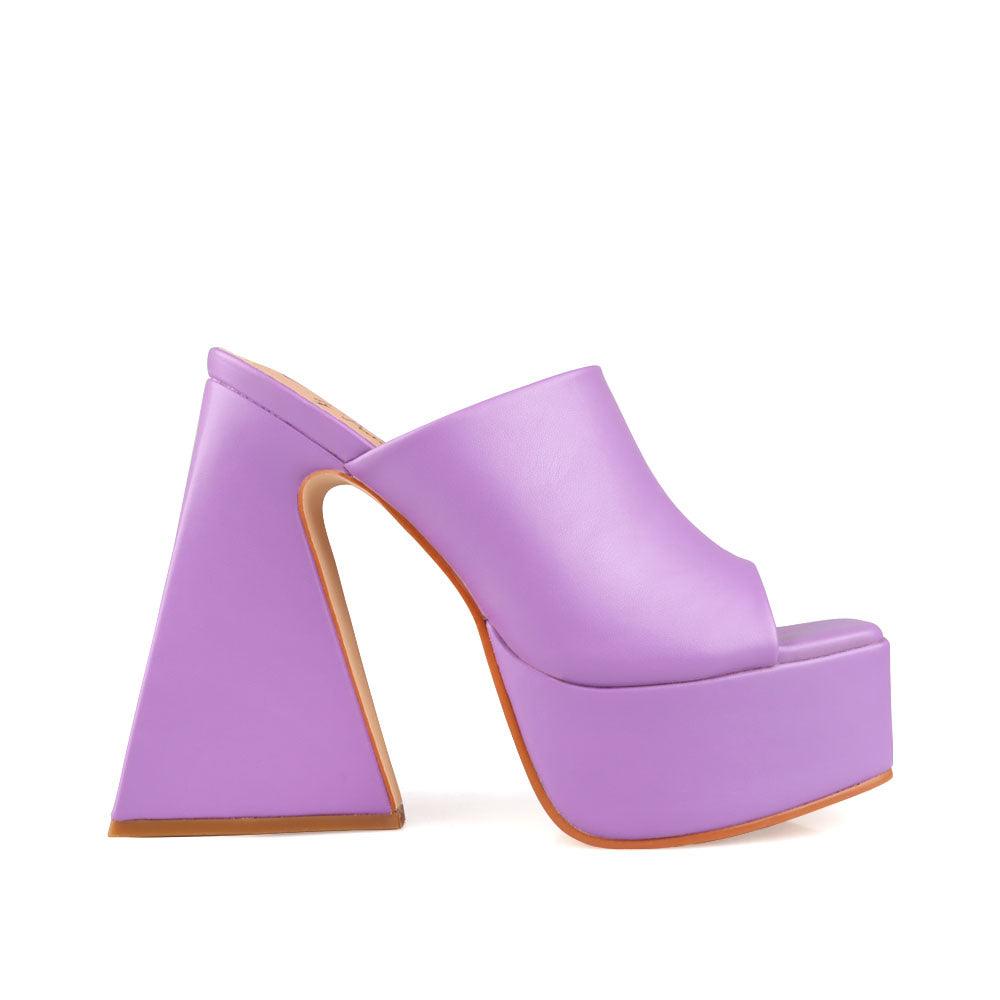 Purple-colored open toe platform block heels shoes with rubber upper and slide in style-side view