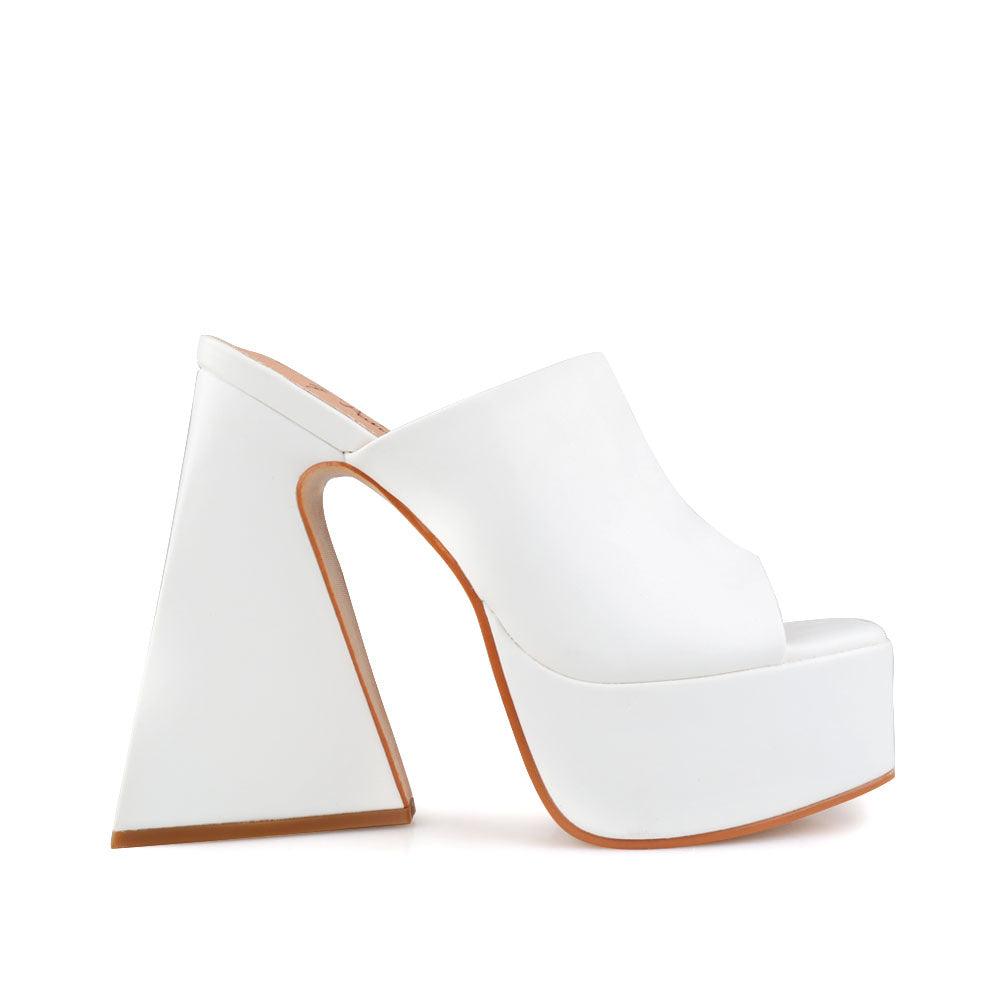 White-colored open toe platform block heels with a rubber top and slide in design-side view