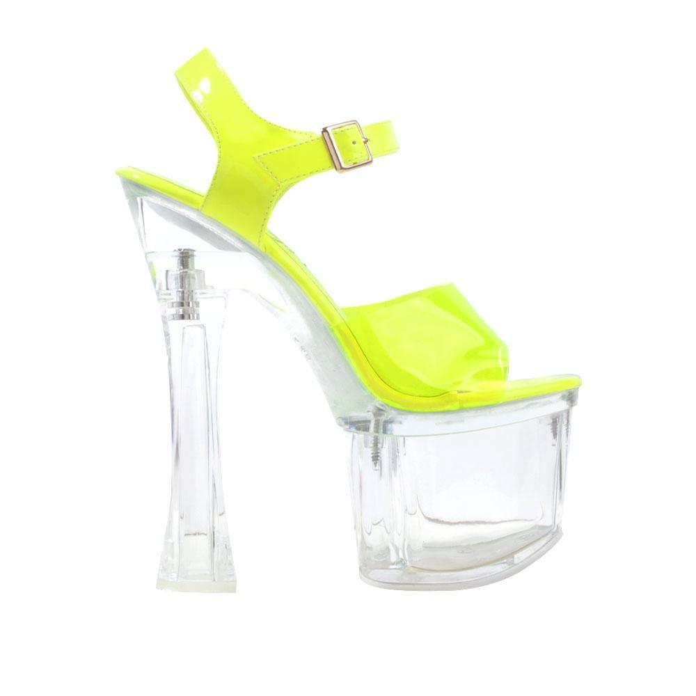 Ladies' transparent platform heels with neon-yellow-colored top and ankle buckle clasp.