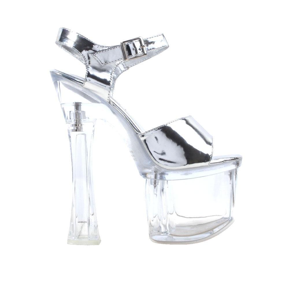 Transparent women's platform heels with silver-colored upper and ankle buckle closure