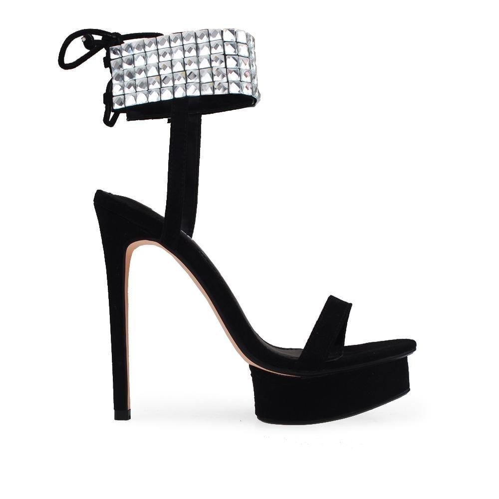 Black colored women heels with rhinestone buckle