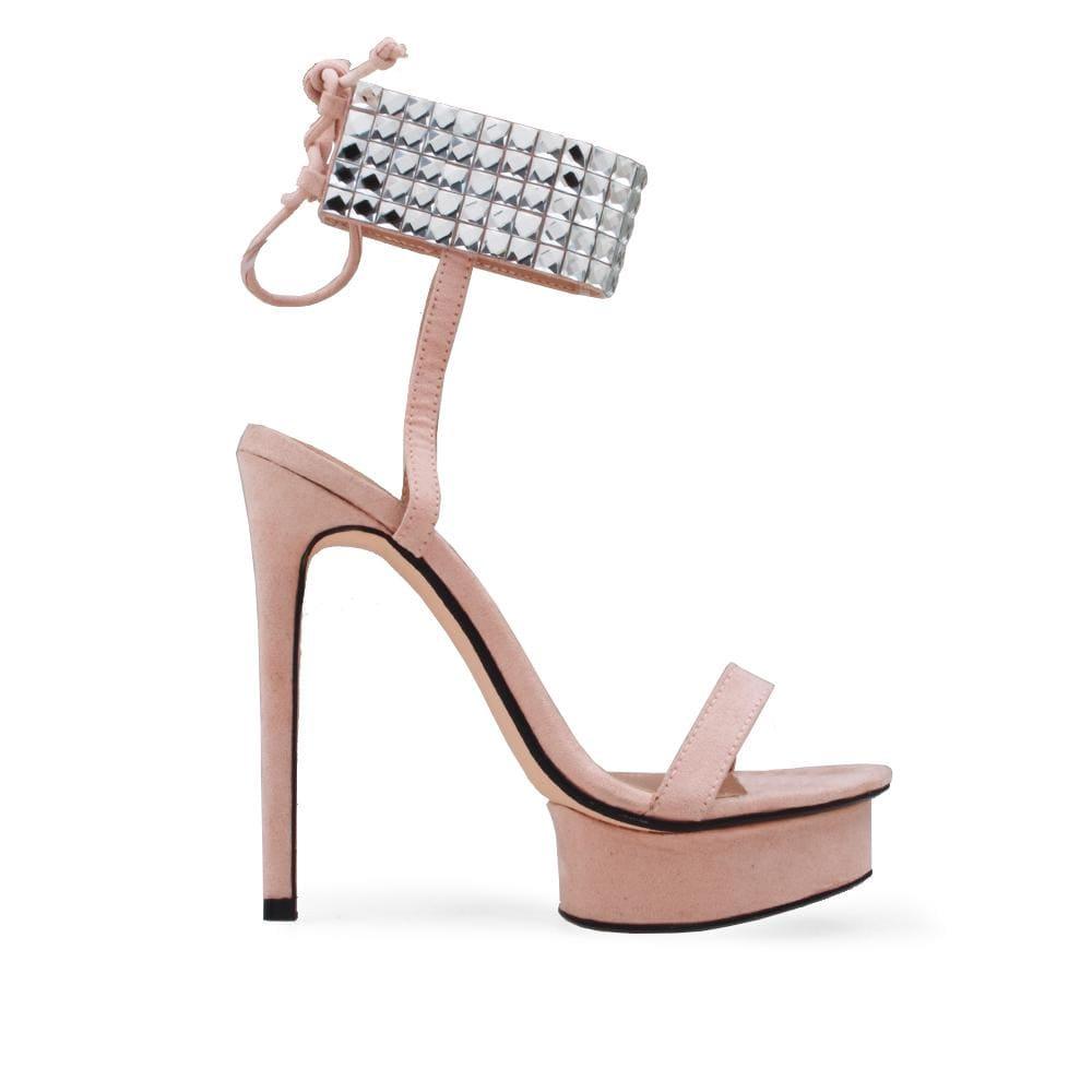 Skin colored women heels with rhinestone buckle