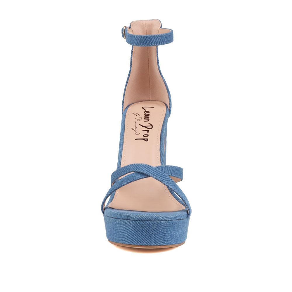 Denim platform heels with ankle buckle closure and open toe design - front view 