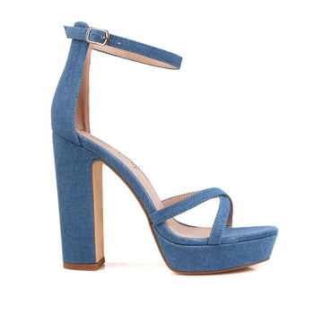 Denim platform heels with ankle buckle closure and open toe design - side view 