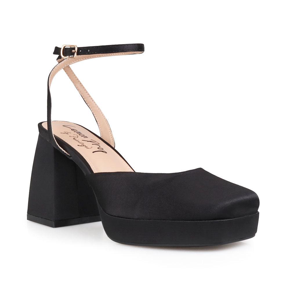 Black colored women platforms with ankle buckle-corner view