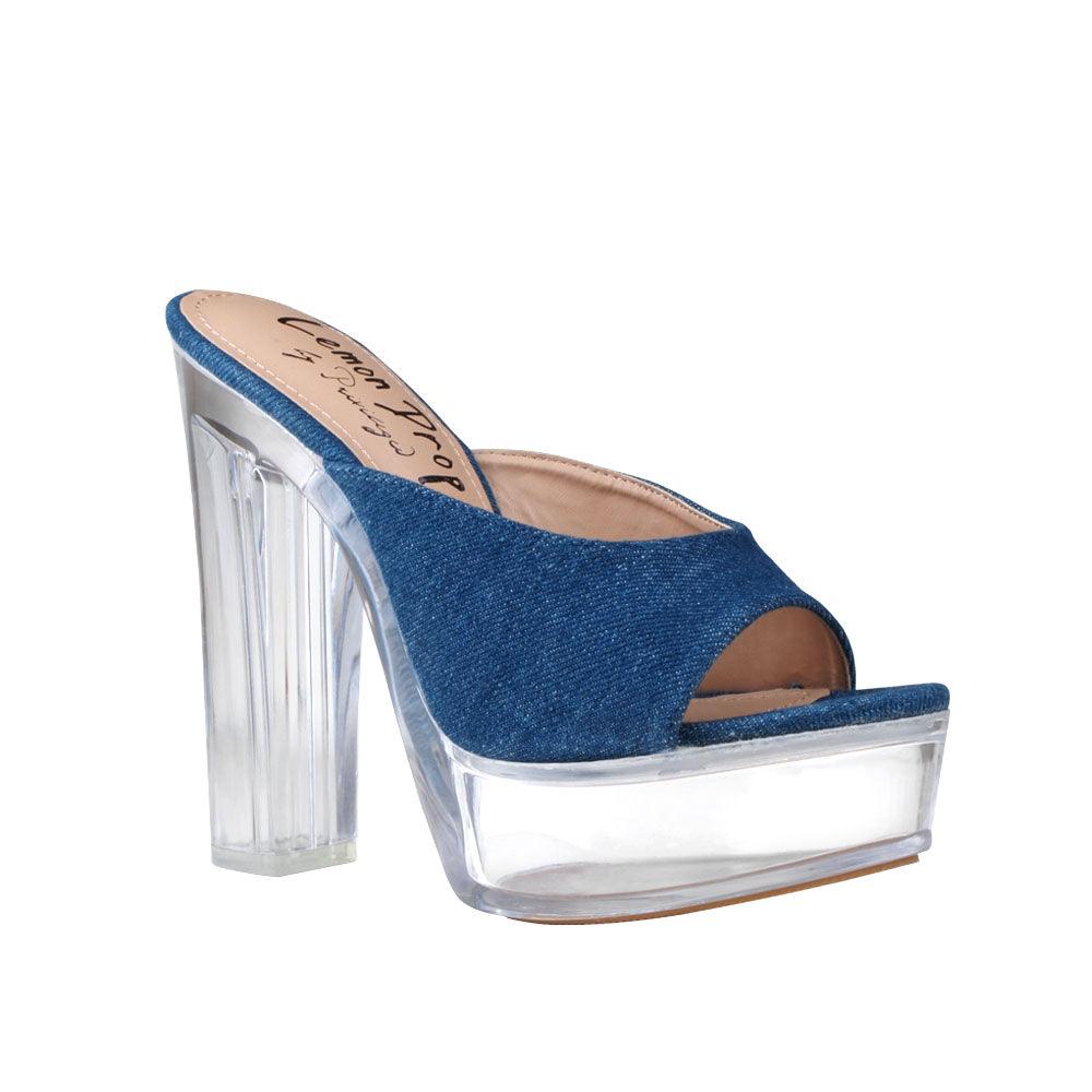 Denim colored women heels with transparent block heel-corner view