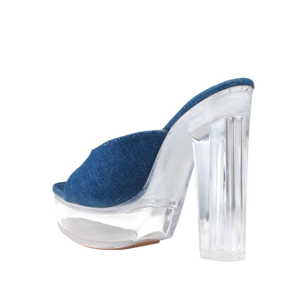 Denim colored women heels with transparent block heel-posterior view