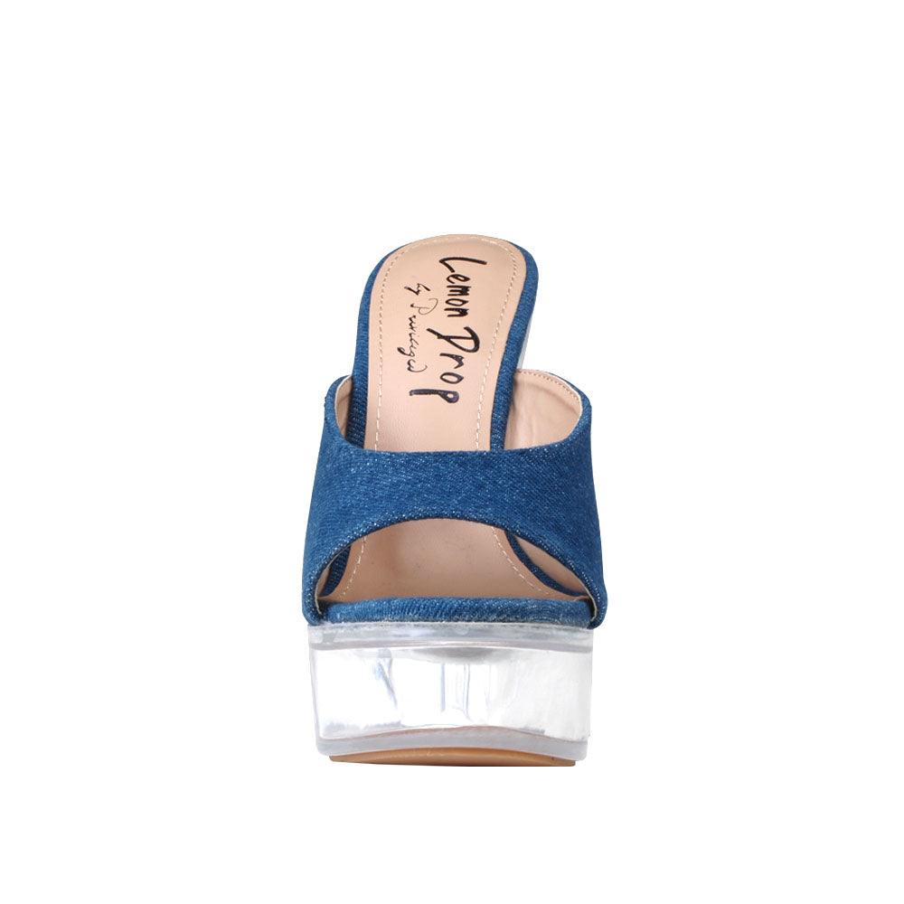 Denim colored women heels with transparent block heel-front view