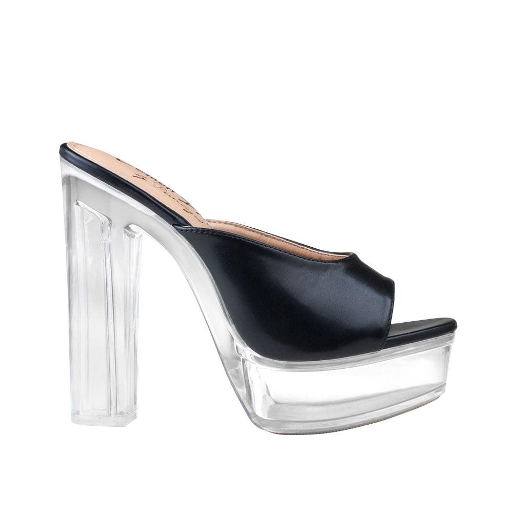 Black women heels with transparent block heel-side view