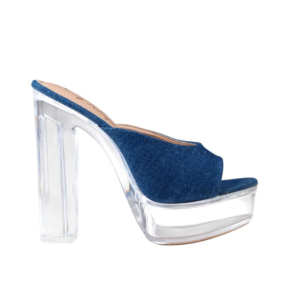 Denim colored women heels with transparent block heel-side view