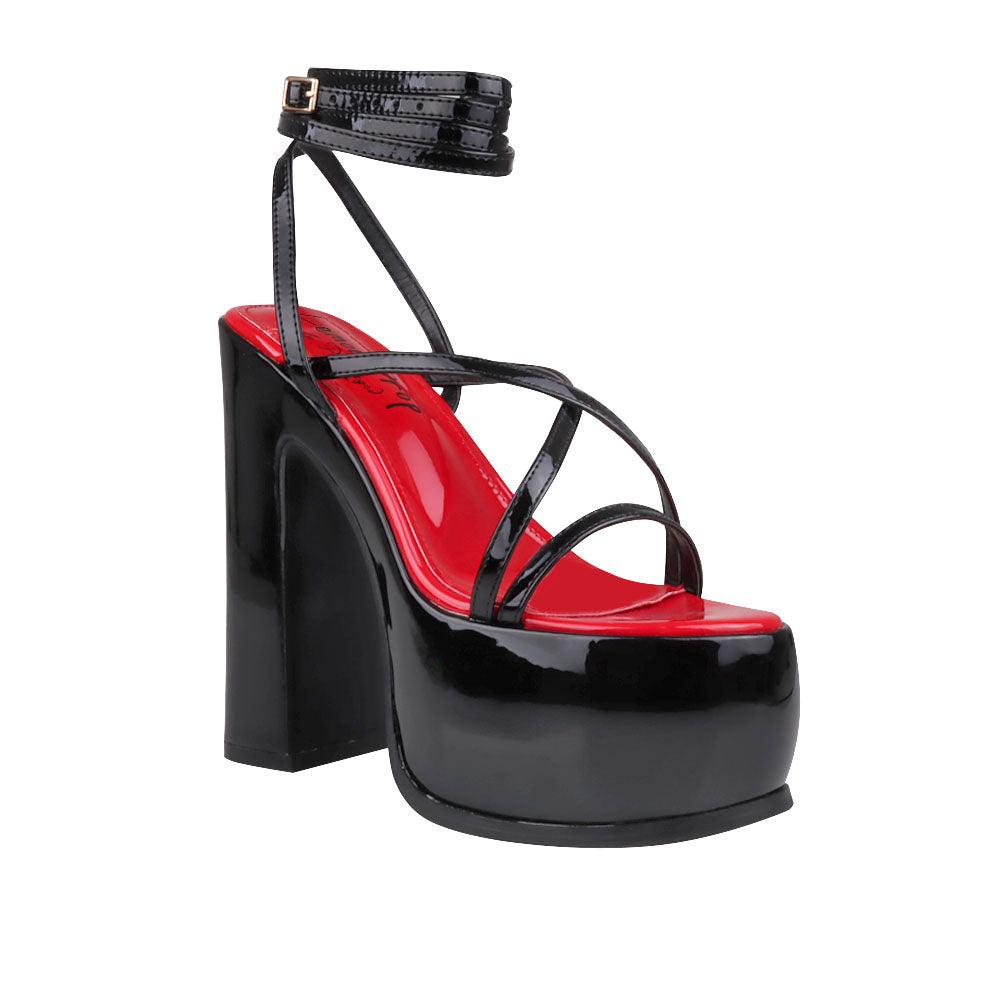 Black colored women platform heels with straps-corner view