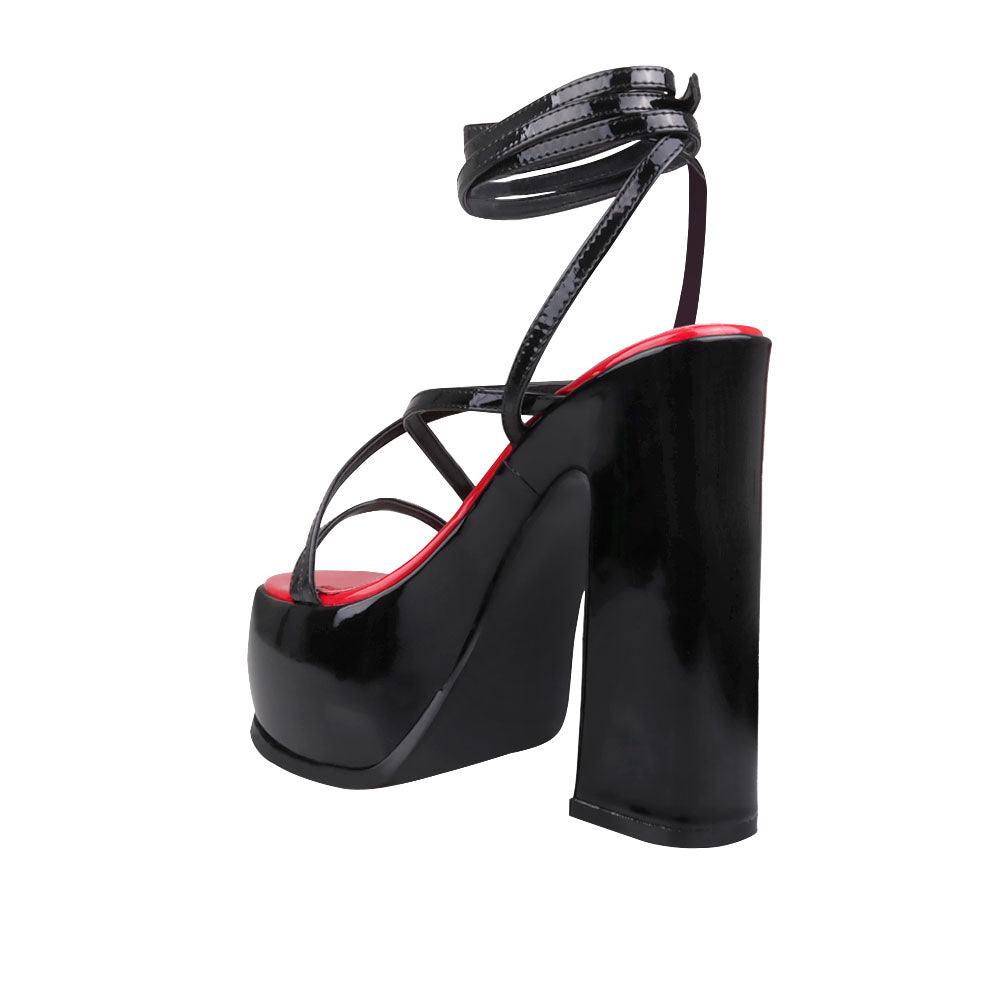 Black colored women platform heels with straps-posterior view