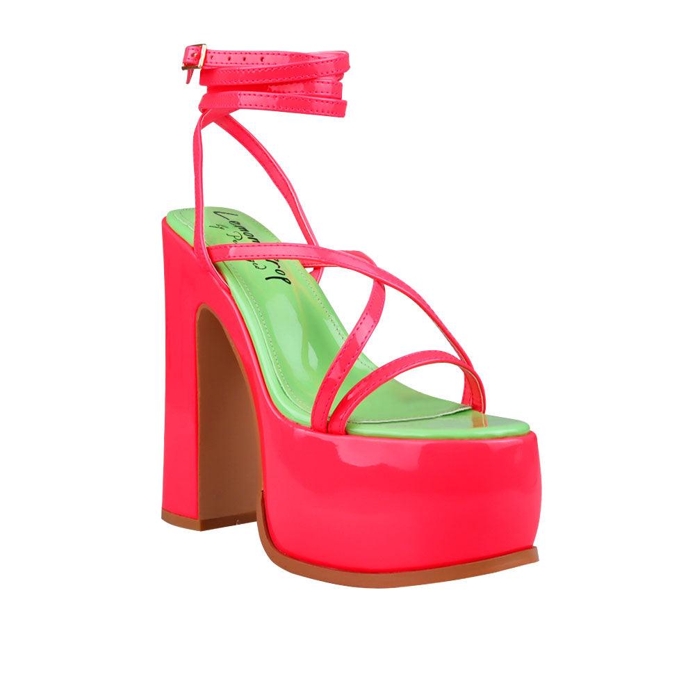 Pink colored women platform heels with straps-corner view