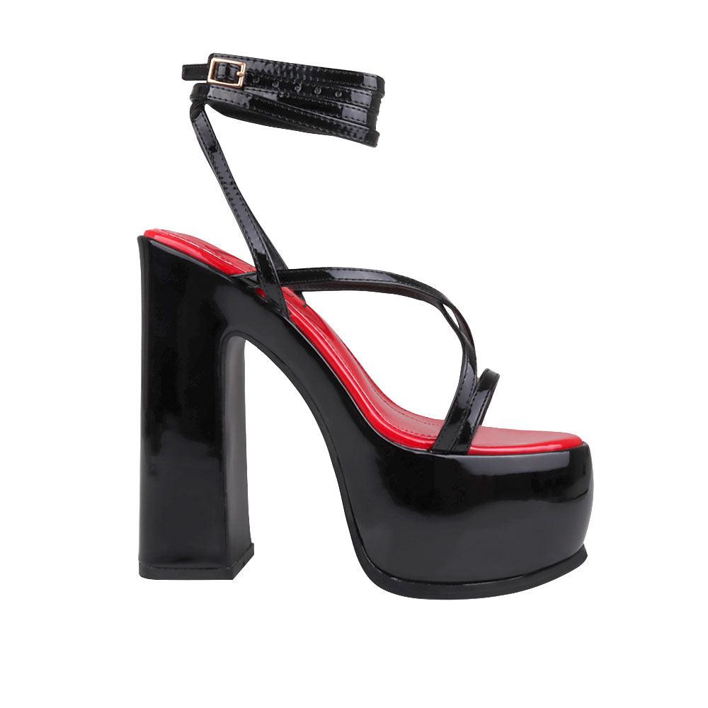 Black colored women platform heels with straps-side view