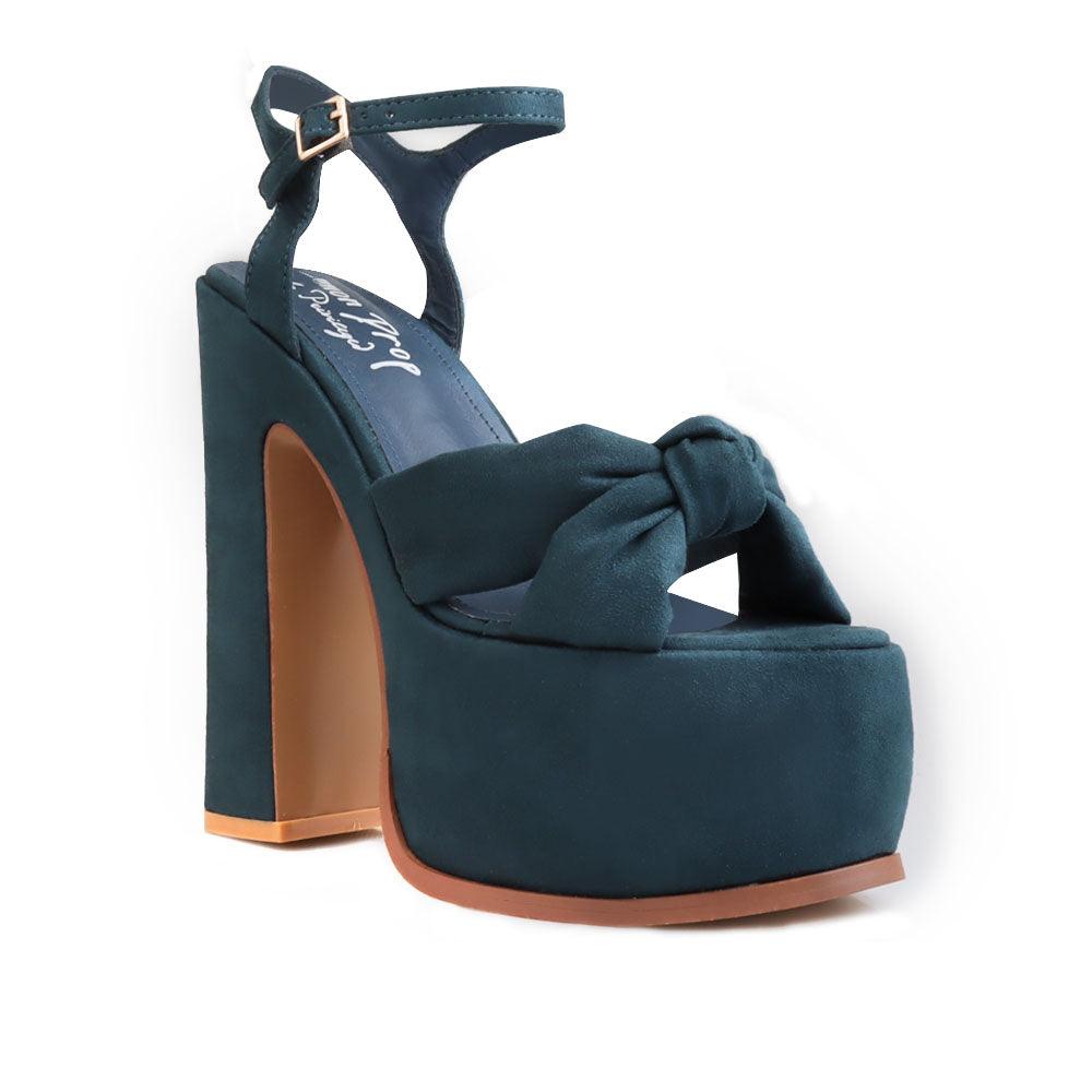 Suede dark green colored women's platform heels - corner view